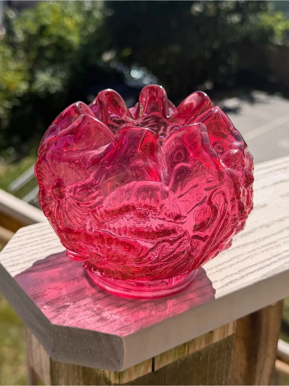 Fenton 1970s Cranberry Rose Poppy Embossed Flowers Crimped Top Rose Bowl Vase